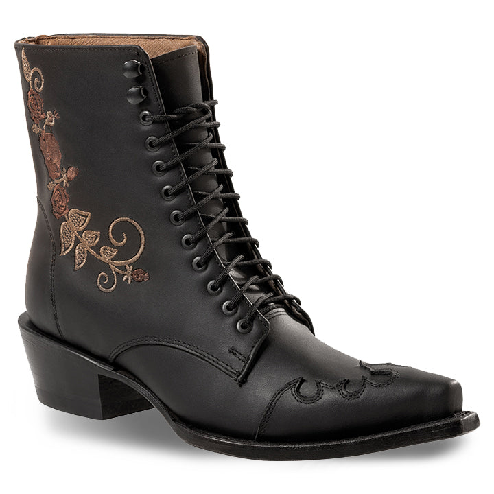 Damen Western-Schnürstiefel WBL-86 Schwarz – Rahmengenäht mit Rosenstickerei