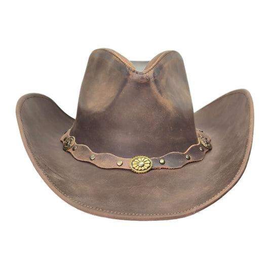 Brauner Lederhut mit Kinnband, Lederhutband mit Concho