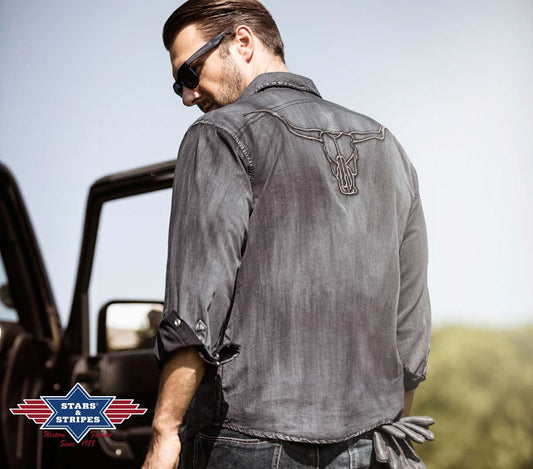 Westernhemd -Enzo- im Fade-Out-Look mit Longhorn Stickerei