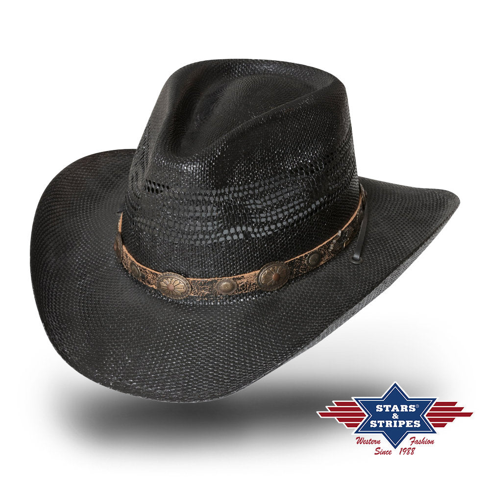 Strohhut Cowboyhut Westernhut -Fresno- mit Lederhutband und Kinnband