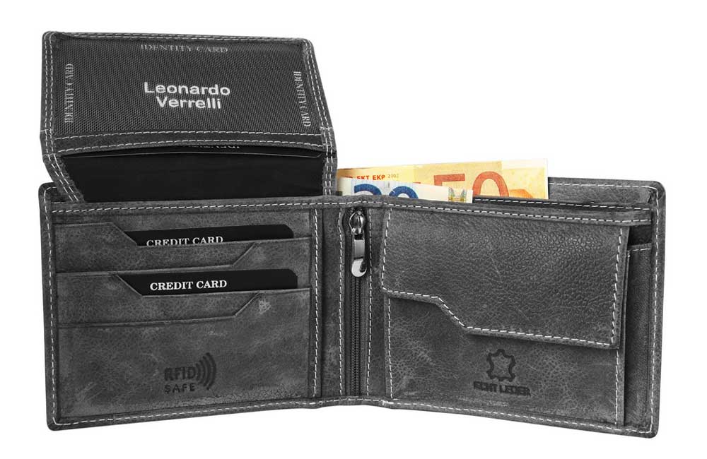 Leonardo Verrelli Herren Geldbörse Portemonnaie Echtleder Geldbeutel Börse RFID Schutz, Querformat