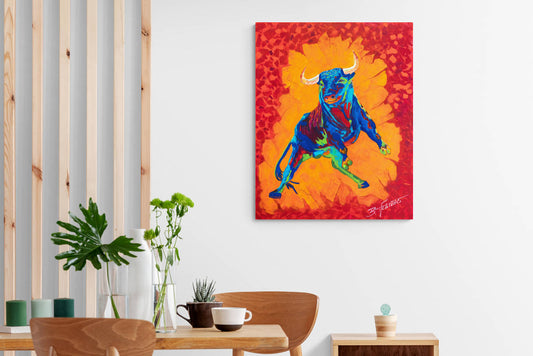 Dynamische Begegnung: Zeitgenössisches Acrylbild Stier in Pop-Art-Stil