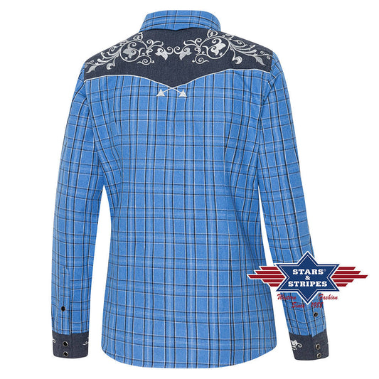 Karierte Westernbluse Laura mit bestickter Westernpasse