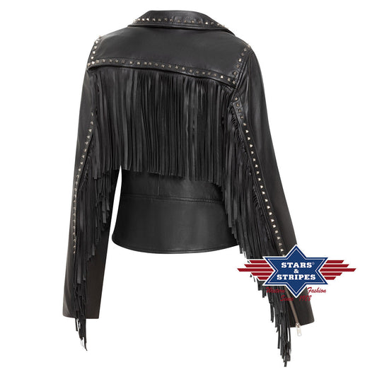 Damen Lederjacke, Fransenjacke Amber, Nappaleder, schwarz
