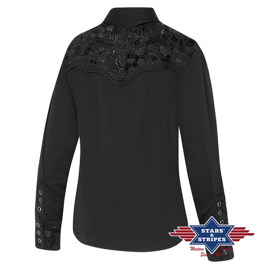 Elegante Schwarze Westernbluse mit Stickerei und Strasssteinen