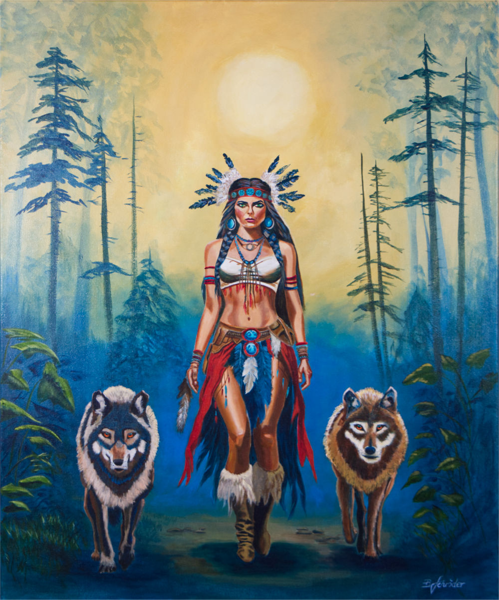 Acrylgemälde Indianerin mit Wölfen, 90 x 110cm (Original verkauft)