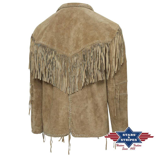 Sandfarbene Fransenjacke aus Rind-Veloursleder - Hombre -
