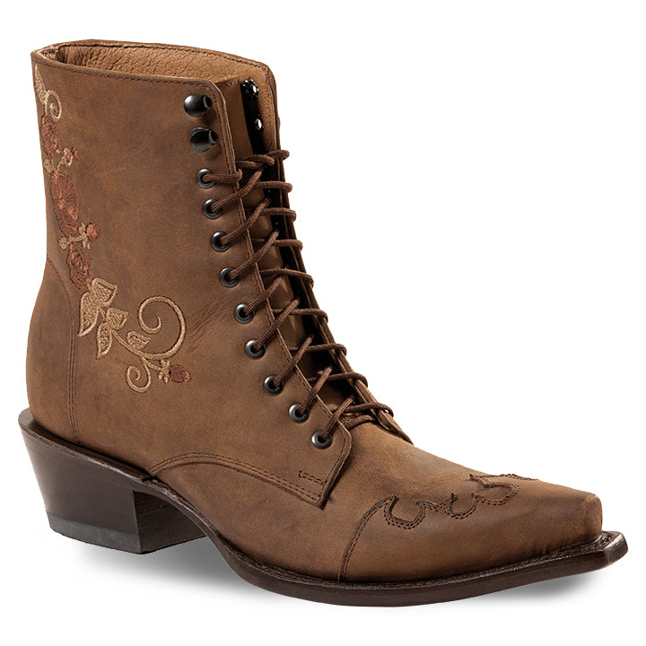 Damen Western-Schnürstiefel WBL-85 Cognac/Mittelbraun – Rahmengenäht mit Rosenstickerei