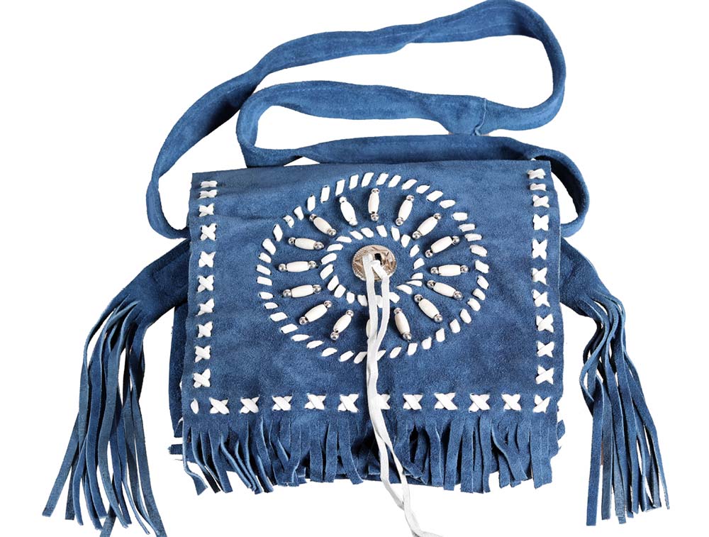 Ledertasche, Fransentasche mit Concho und Perlen blau