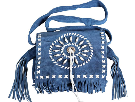 Ledertasche, Fransentasche mit Concho und Perlen blau
