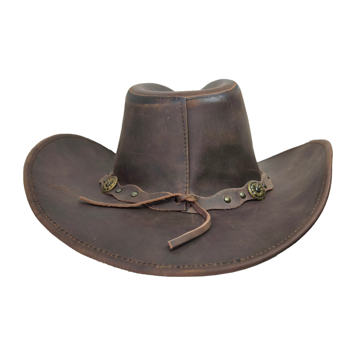 Brauner Lederhut mit Kinnband, Lederhutband mit Concho
