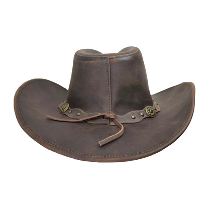 Brauner Lederhut mit Kinnband, Lederhutband mit Concho