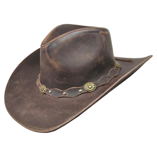 Brauner Lederhut mit Kinnband, Lederhutband mit Concho