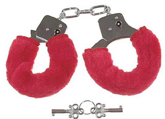 Handschellen, mit 2 Schlüssel, chrom mit Fellüberzug in rot