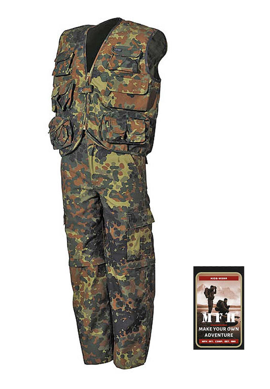 Kinder-Anzug, flecktarn, Weste u. Hose, mit abnehmbaren Beinen