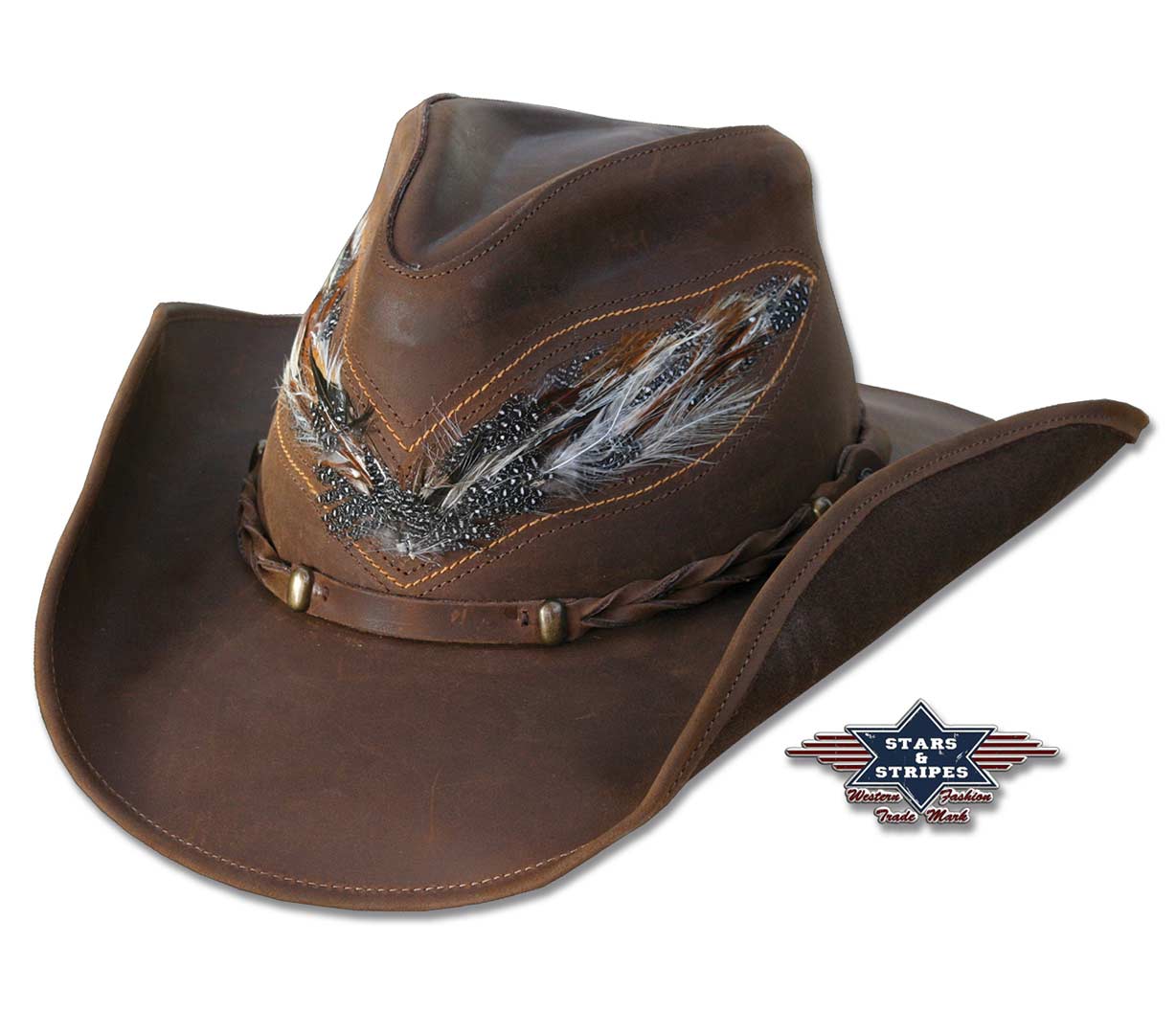Lederhut "Outback" mit geflochtenem Hutband und Federschmuck