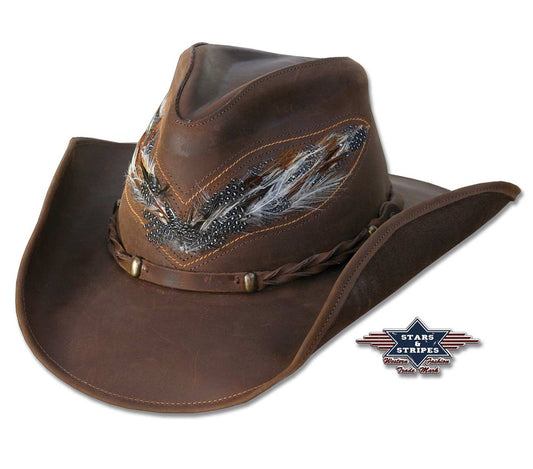 Lederhut "Outback" mit geflochtenem Hutband und Federschmuck