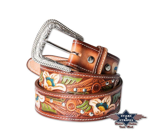 Brauner Damengürtel Ledergürtel Westerngürtel 100% Leder wg-102 Stars&Stripes