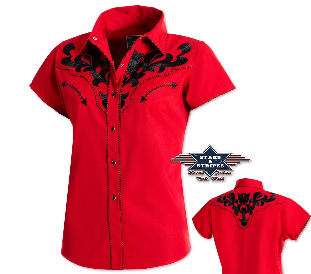 Westernbluse, Damenbluse Ella rot, kurzärmlig v. Stars&Stripes