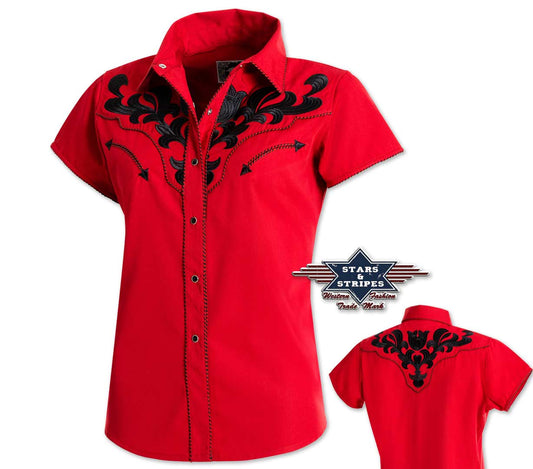 Westernbluse, Damenbluse Ella rot, kurzärmlig v. Stars&Stripes