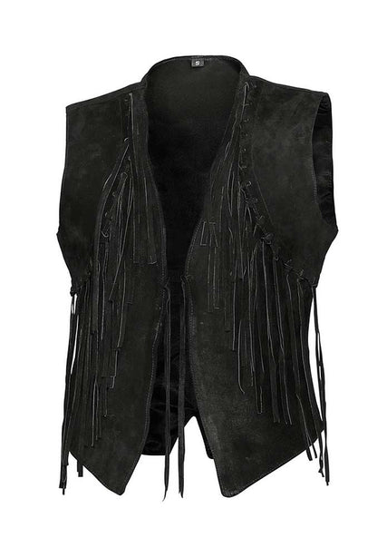 Damen Fransenweste schwarz Rindsvelour Leder Stars & Stripes