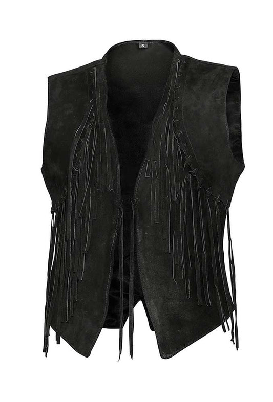 Damen Fransenweste schwarz Rindsvelour Leder Stars & Stripes