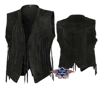 Damen Fransenweste schwarz Rindsvelour Leder Stars & Stripes