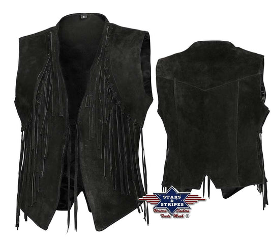 Damen Fransenweste schwarz Rindsvelour Leder Stars & Stripes