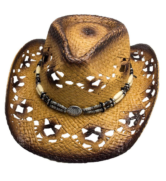 Strohhut Cowboyhut Westernhut Country Sonnenhut Perlen Hutband Concho + Kinnband