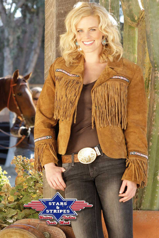 Damen Fransenjacke Kayla in hochwertigem Rind-Velourleder Stars&Stripes