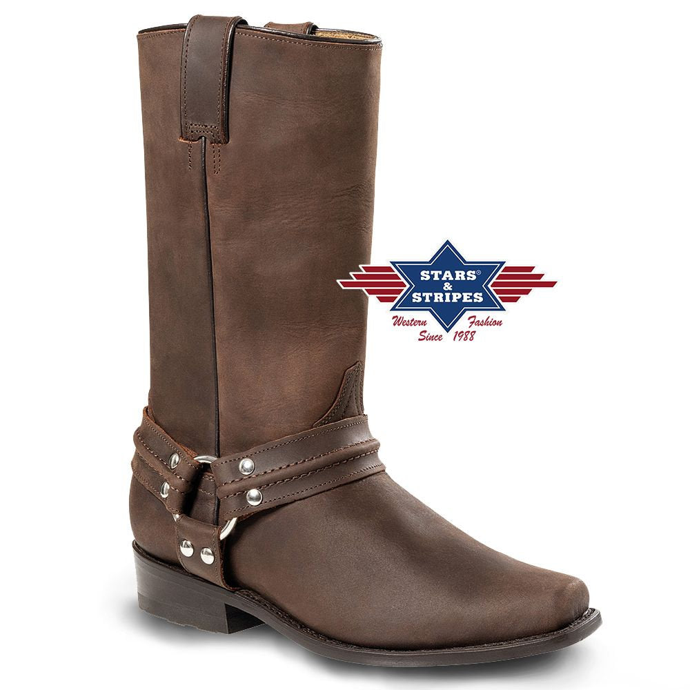 Herren Westernstiefel Biker Boots, braun, Rindsleder Stars&Stripes