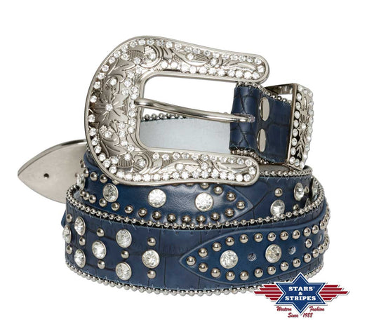 Blauer Damengürtel Rockabilly Westerngürtel Bling Bling + Strass
