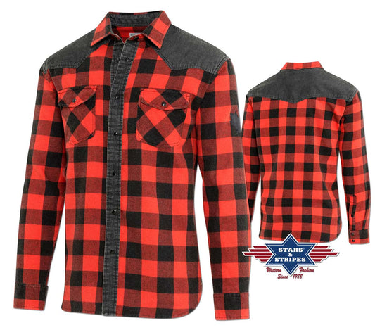 Stone-Washed Westernhemd -Lumberjack- mit Black-Denim Schulterbesatz und Ahornblatt-Applikation