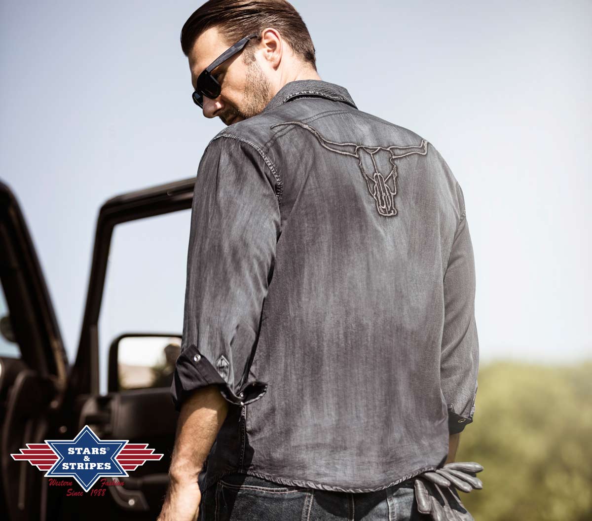 Westernhemd -Enzo- im Fade-Out-Look mit Longhorn Stickerei