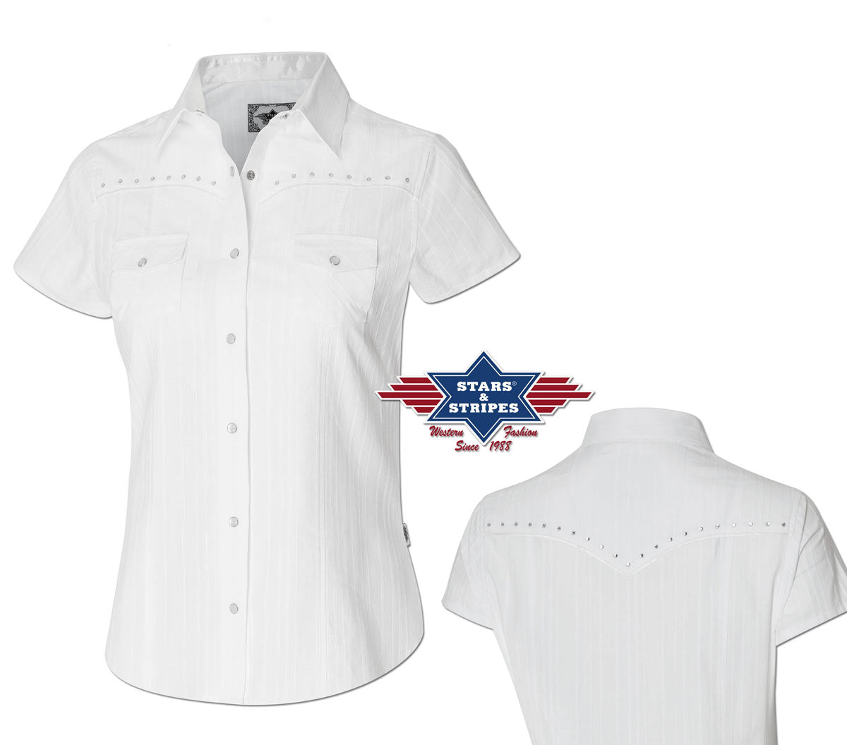 Kurzarm Damen Bluse Westernbluse Amelie mit Strasssteinen weiss