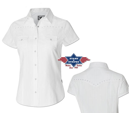 Kurzarm Damen Bluse Westernbluse Amelie mit Strasssteinen weiss