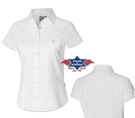 Kurzarm Damen Bluse Westernbluse Amelie mit Strasssteinen weiss