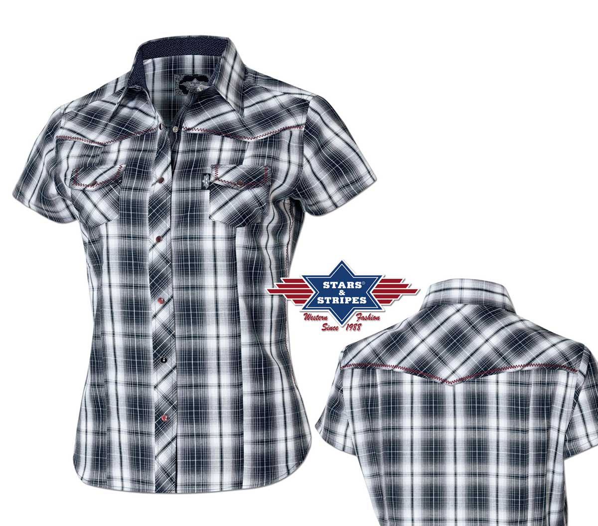 Kurze Damen Westernbluse Larissa mit Ziehrnaht, kariert