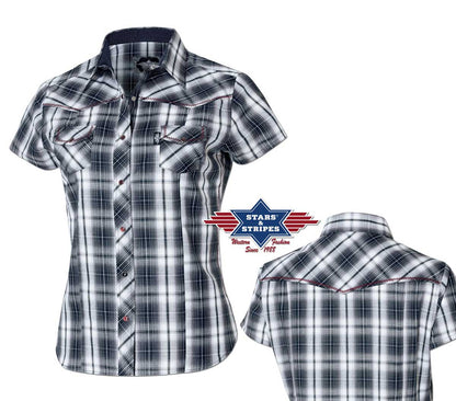 Kurze Damen Westernbluse Larissa mit Ziehrnaht, kariert