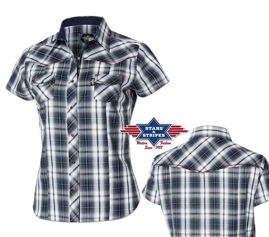 Kurze Damen Westernbluse Larissa mit Ziehrnaht, kariert