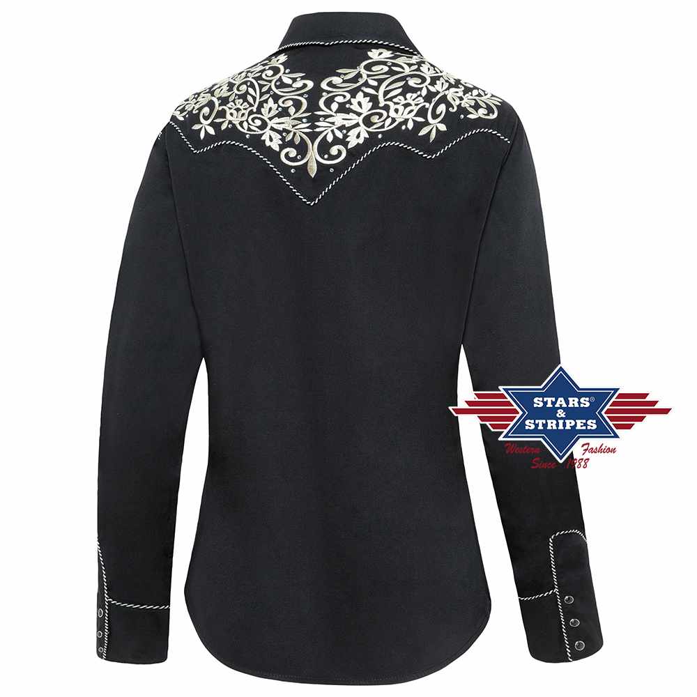 Westernbluse Damenbluse Holly v. Stars&Stripes schwarz mit Stickerei