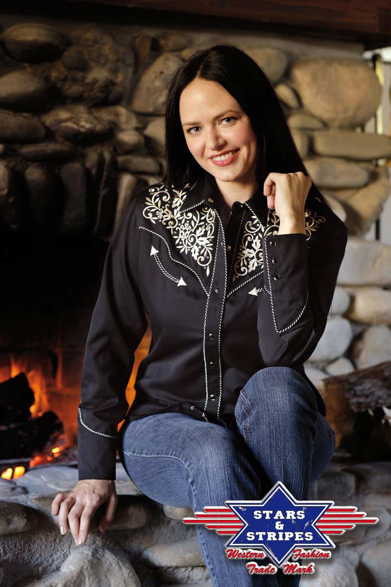 Westernbluse Damenbluse Holly v. Stars&Stripes schwarz mit Stickerei