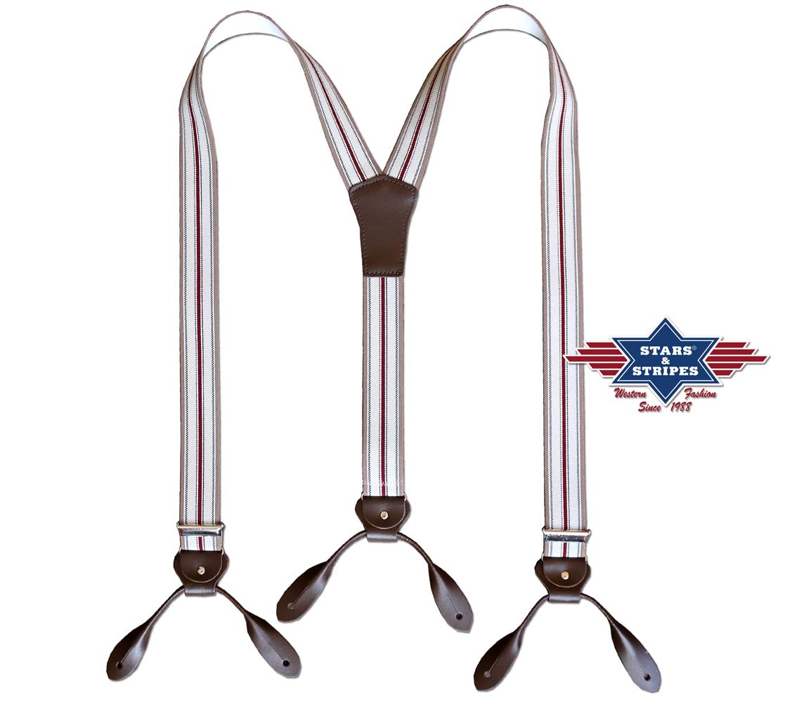 Gestreifte Hosenträger mit Knopfloch Lederlaschen Old Style Westernstyle HT-05