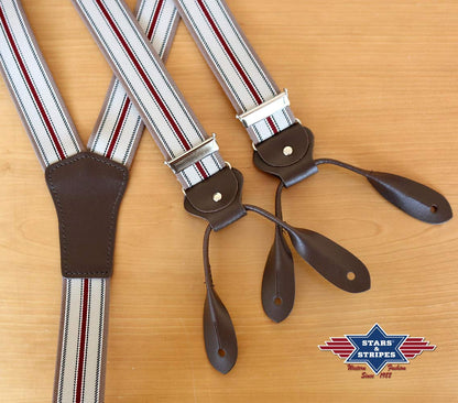 Gestreifte Hosenträger mit Knopfloch Lederlaschen Old Style Westernstyle HT-05