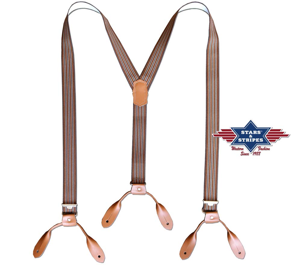 Gestreifte Hosenträger mit Knopfloch Lederlaschen Old Style Westernstyle HT-06