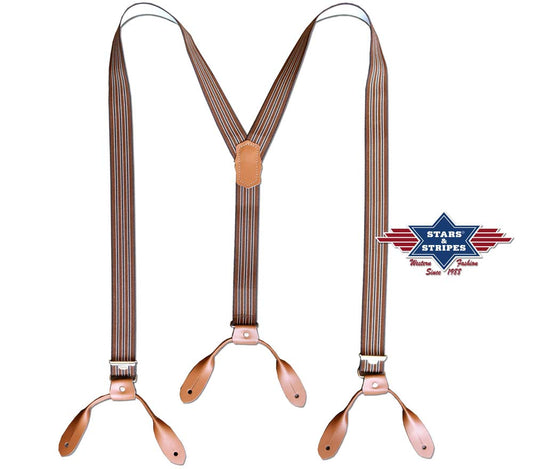 Gestreifte Hosenträger mit Knopfloch Lederlaschen Old Style Westernstyle HT-06