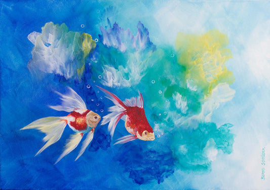 Goldfische Wasser See Pflanzen Koi Acryl/Öl Bild 50x70cm
