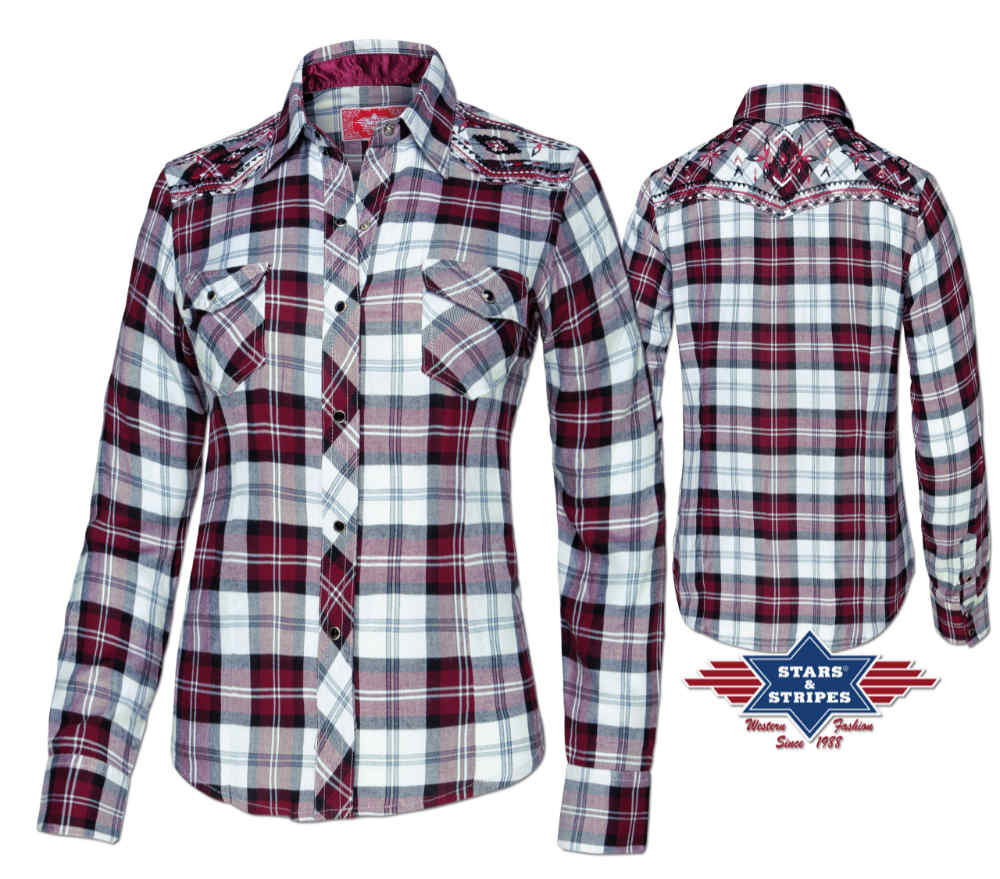 Damenbluse, Westernbluse Karobluse Pasadena mit Stickerei