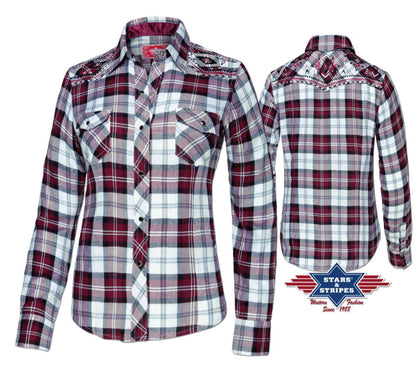 Damenbluse, Westernbluse Karobluse Pasadena mit Stickerei