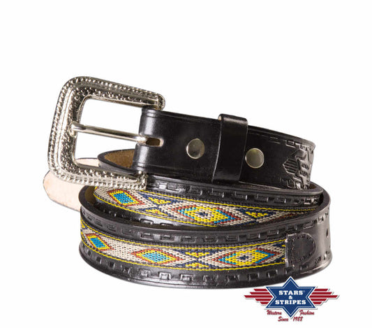 Schwarzer Western Gürtel aus robusten Rindsleder mit Indianer Motiven